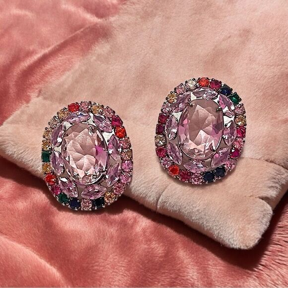 Vintage Style Multicolor Rhinestone Crystal Oval Stud Earrings With SS Posts NWT - Picture 1 of 4
